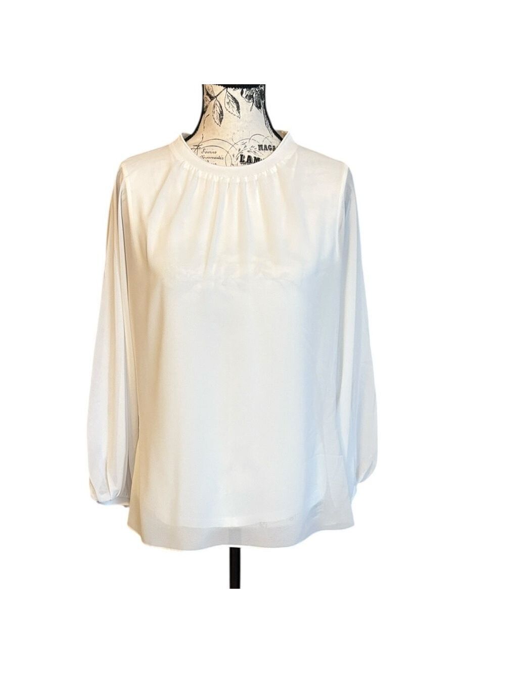 Zara Classic Blouse Puff Sleeves Gathered Neck Flowy White Size S